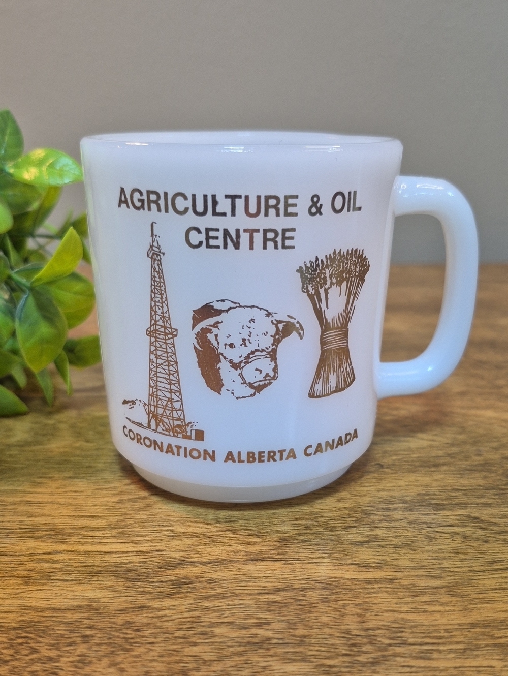 VINTAGE Milk Glass 'Agriculture & Oil Centre Cornation, Alberta' MCM Coffee Mug